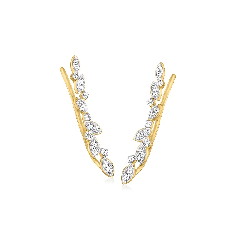 Ross-Simons Diamond Leaves Ear Climbers in 14kt Yellow Gold