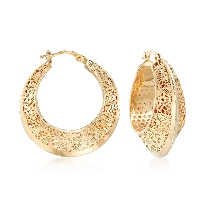 Ross-Simons Italian 14kt Yellow Gold Floral Filigree Hoop Earring