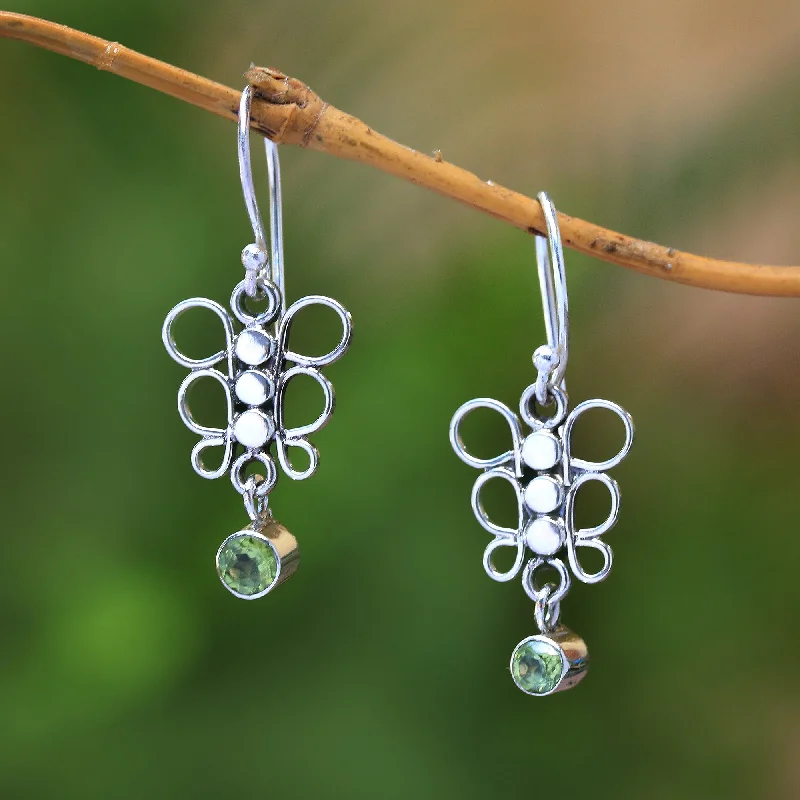 Round Butterfly Circle Motif Peridot Dangle Earrings from Bali