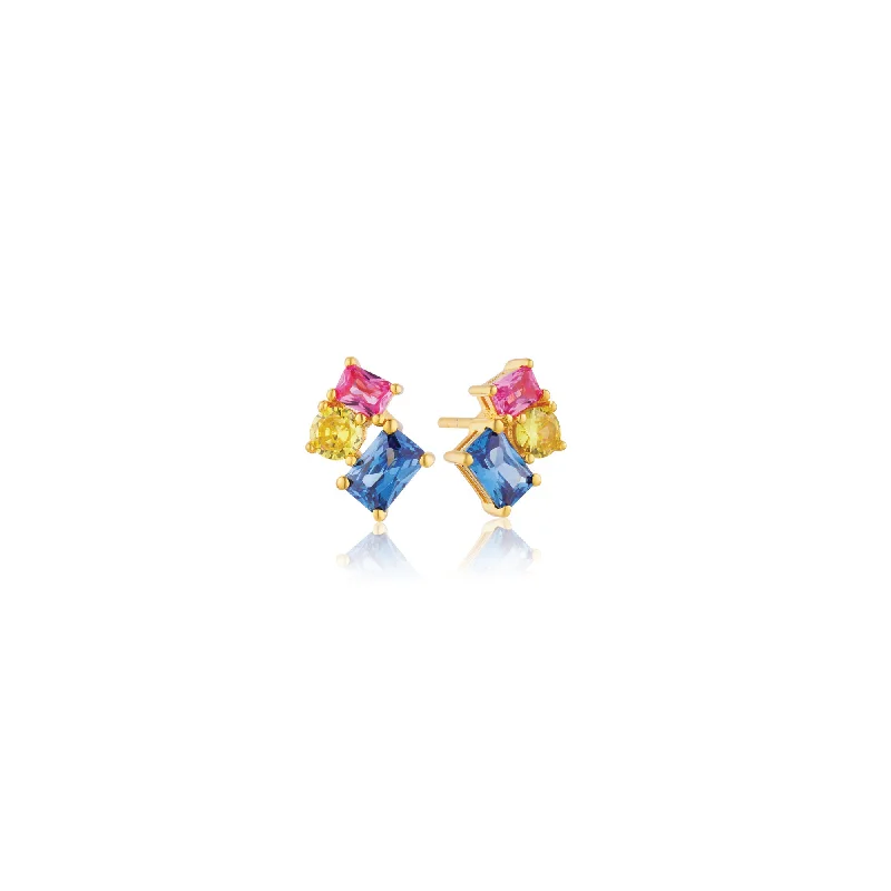 Ivrea Three 18K Gold Plated Studs w. Mixed Colored Zirconias