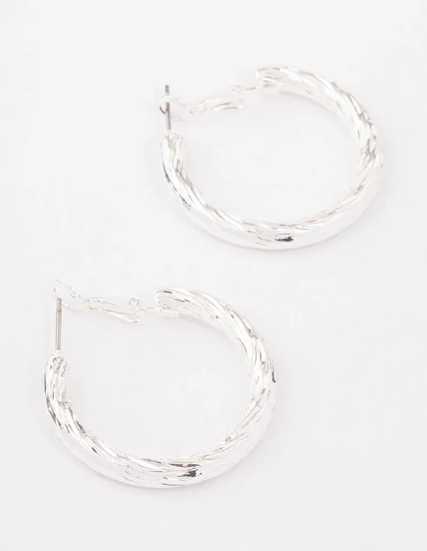 Silver Fine Line Textured Hoop Earrings