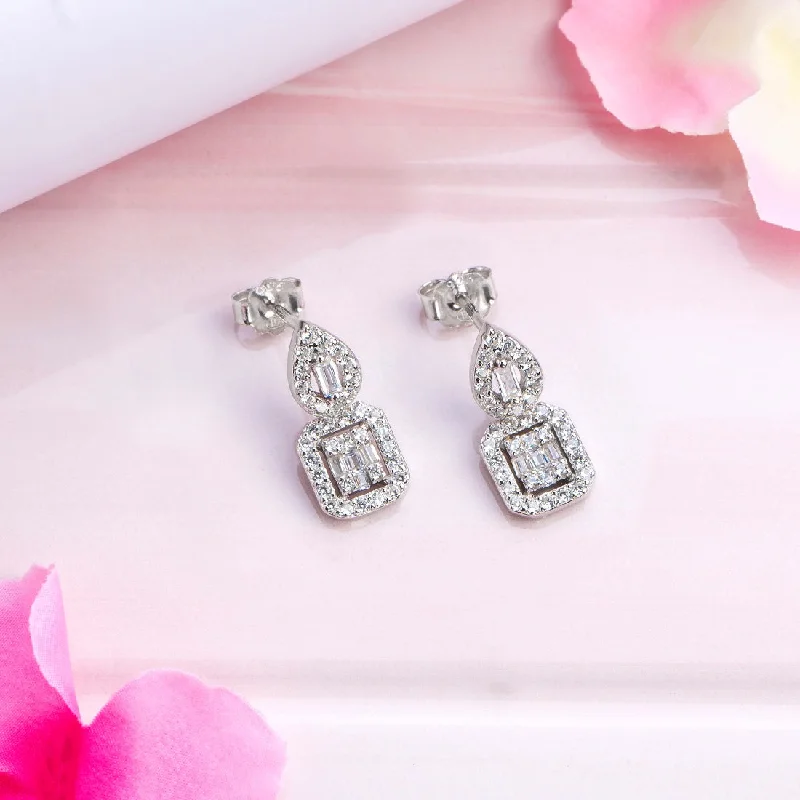 Squared Radiance CZ Rhodium-Plated 925 Sterling Silver Earrings