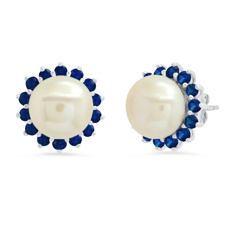 Sterling Silver 9MM Cultured Pearl and Created Blue Sapphire Earrings