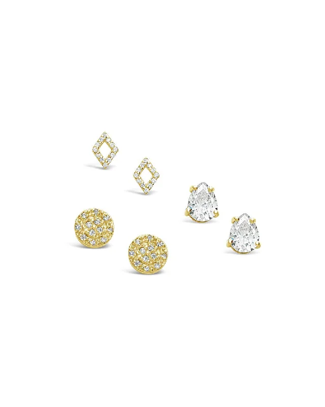 Sterling Silver CZ Geo Stud Earring Set of 3[Silver]