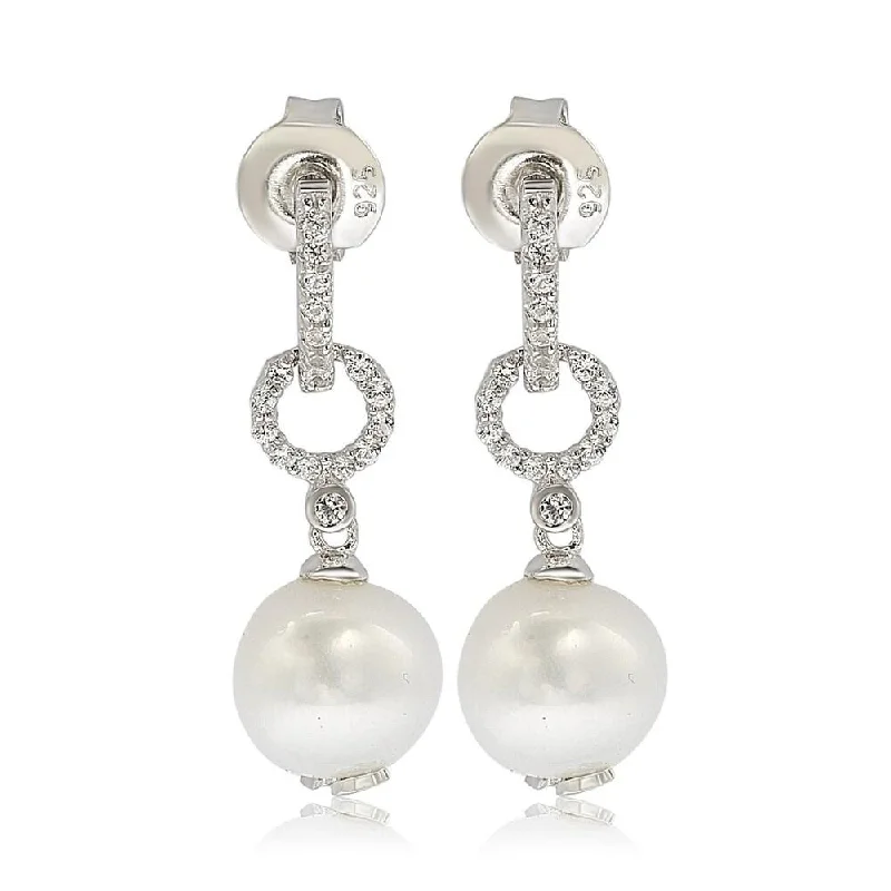 Suzy Levian Sterling Silver Pearl & White Sapphire Dangle Earrings