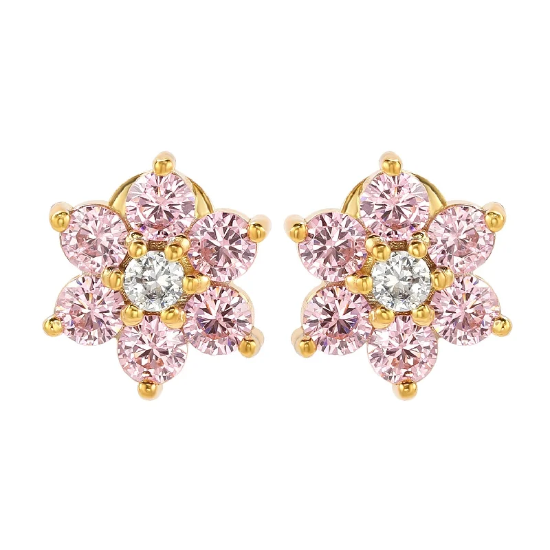 Suzy Levian Yellow Sterling Silver Pink Cubic Zirconia Flower Earrings