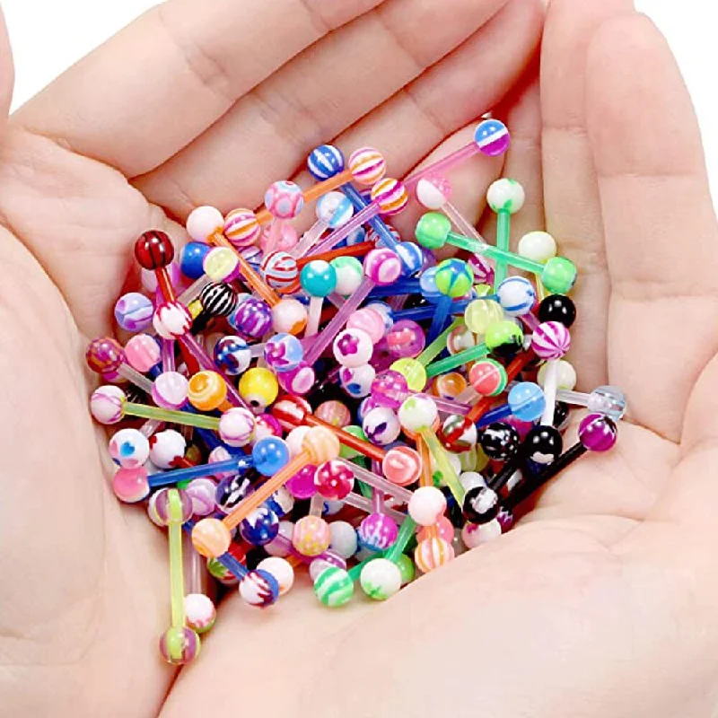 100PCS 14G Mix Color Plastic Tongue Rings Acrylic Nipple Barbells Flexible Tongue Piercing Jewelry for Women Men