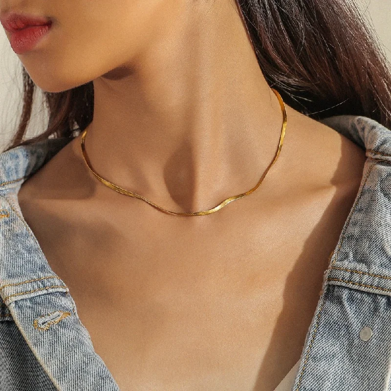 18K Gold Plated Stainless Steel Herringbone Chain Necklace For Women Soft Flat Snake Chain Choker Necklace Jewelry