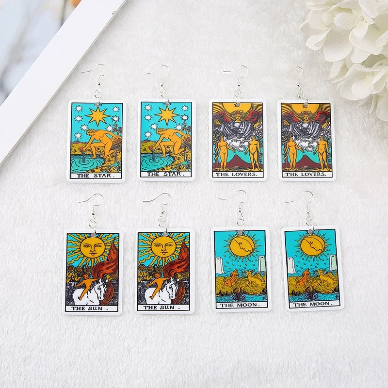 1Pair 57*37mm Drop Earring Big Size Tarot Deck Card  Sun Moon Star And The Lovers Divination Card Jewelry Gift