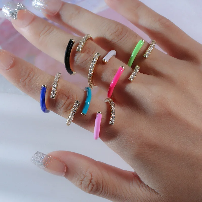 Summer New Colorful Neon Enamel Open Adjusted Finger Ring For Women Fluorescent Copper Zircon Jewelry