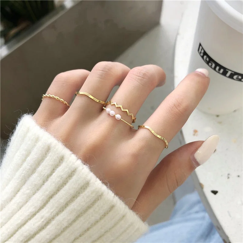 5pcs Simple Design Wavy Ring Set For Women Personality