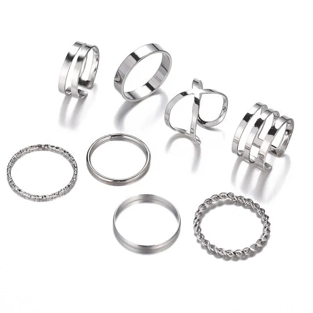 7pcs  Jewelry Rings Set Hot Selling Metal Alloy Hollow Round Opening Women Finger Ring For Girl Lady Party Wedding Gifts