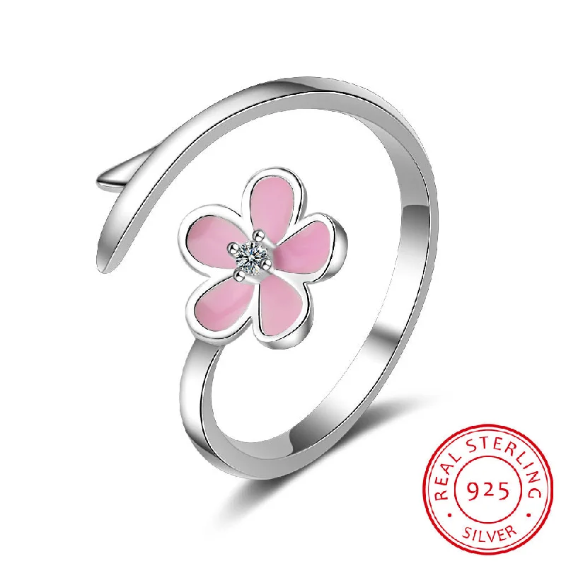 925 Sterling Silver Adjustable Size Ring Flower Magnolia Cubic Zirconia Gradient Pink Enamel Cocktail Ring Fine Jewelry Gifts