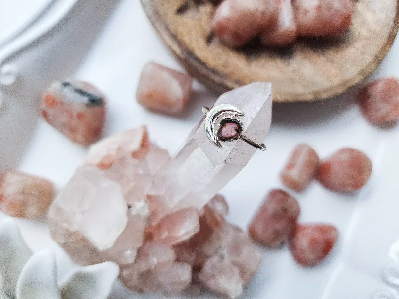 Adjustable Moon Sterling Ring || Watermelon Tourmaline