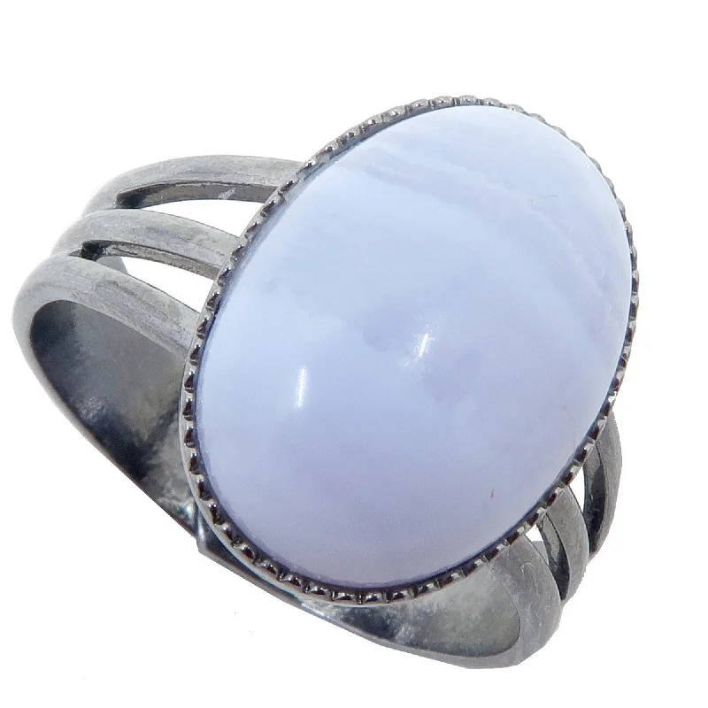 Blue Lace Agate Ring Gem Gunmetal Adjustable