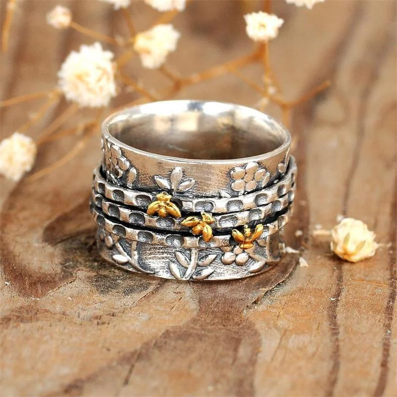 Bohemian Style Small Bee Flower Plant Ring Simple Wide Version Women's Ring Ethnic Style Wedding Jewelry