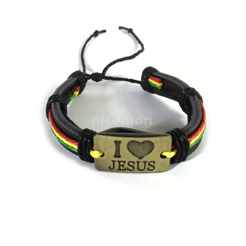 I Love Jesus Bracelet Cuff Adjustable Fit Draw String Jesus Christ Leather 1SZ