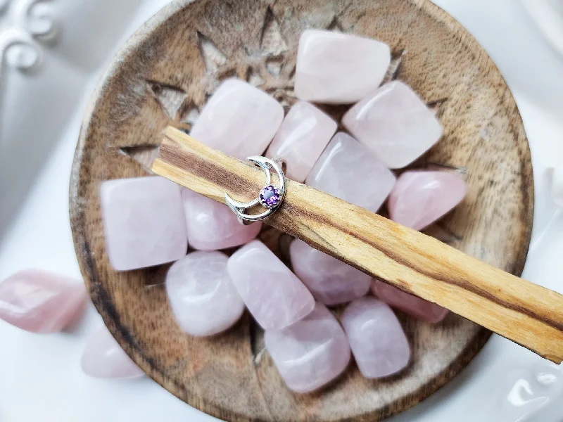 Crescent Moon Sterling Ring || Amethyst