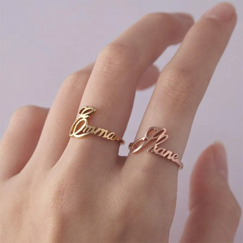 Customized  Simple Personality Name Stainless Steel Silver Rose Gold Ring Ladies Handmade  Jewelry Gift