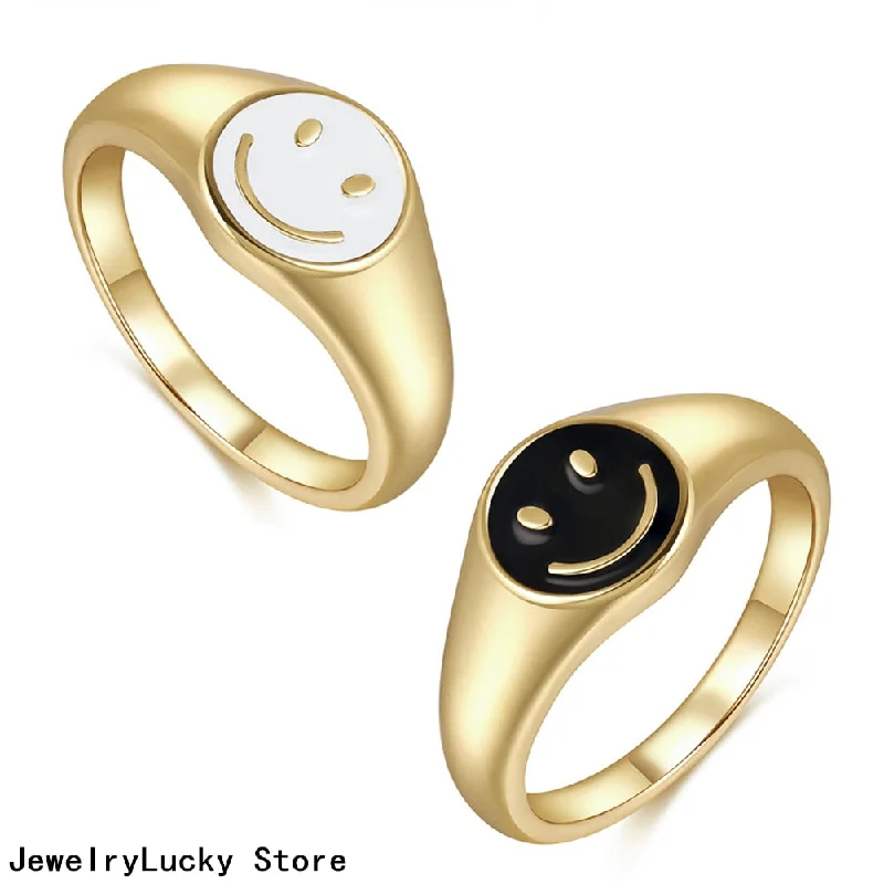 Cute Enamel Smiley Happy Face Ring for Women Aesthetic Gold Vintage Copper Couple Rings Jewelry Men Wedding Gift  Lover