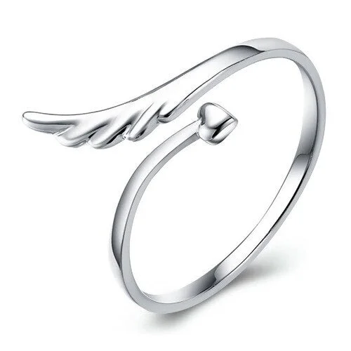 Silver Color Adjustable Open Ring Thumb Heart Angel Wing