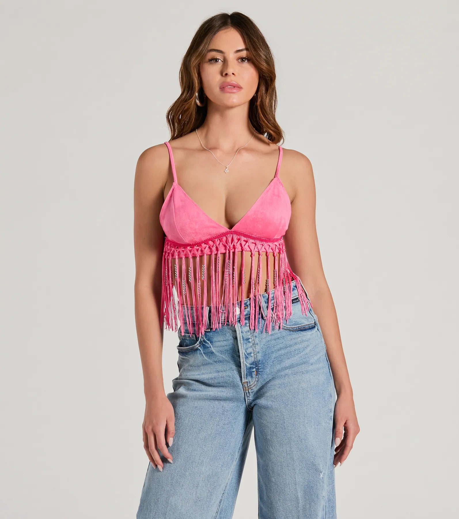 Fringed Out Triangle Fringe Beaded Crop Top