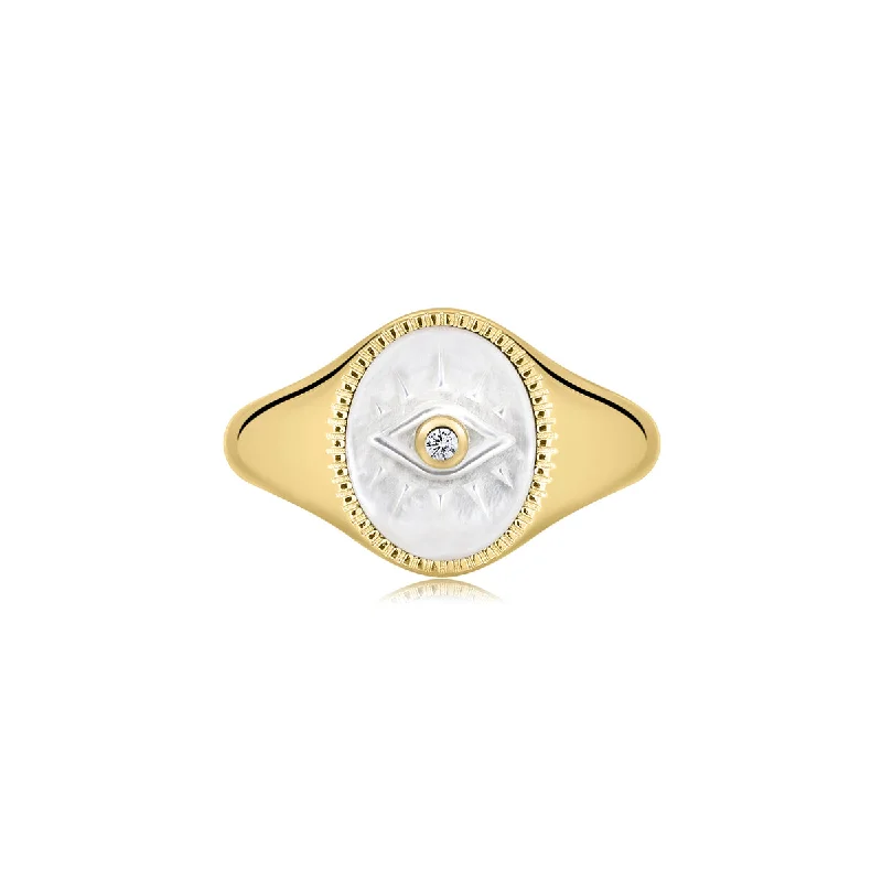 Gold Vermeil Mother of Pearl Evil Eye Signet Ring