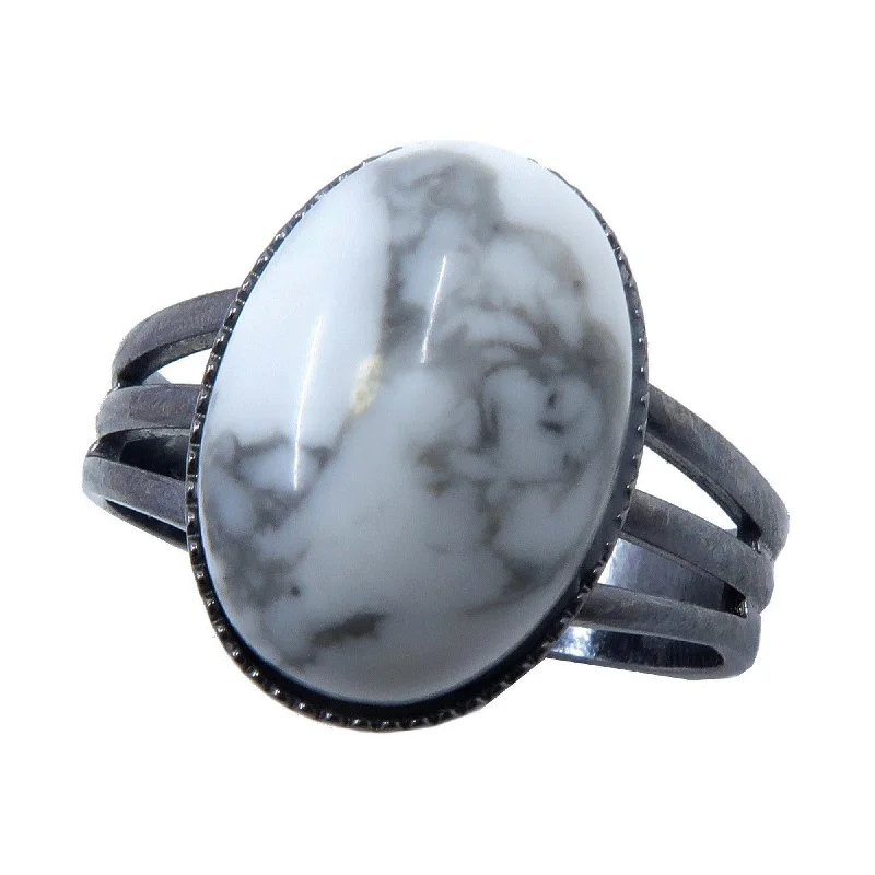 Howlite Ring Right Path Gem Gunmetal Adjustable