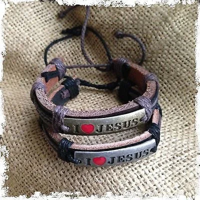 I Love Jesus Bracelet Cuff Adjustable Fit Draw String Jesus Christ Leather 1SZ