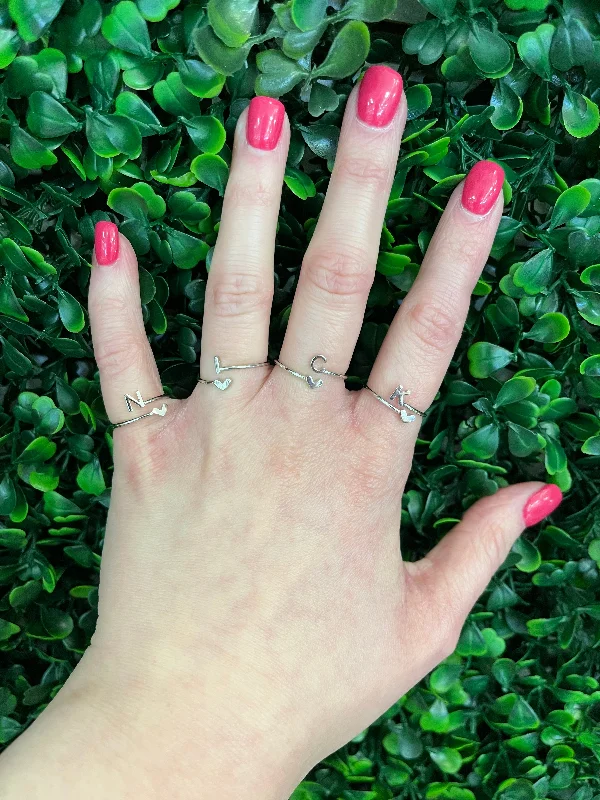 silver Initial and Heart Open Ring