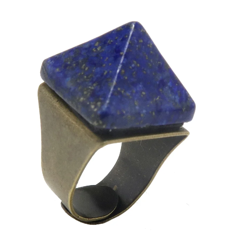 Lapis Ring Blue Pharaoh Pyramid Bronze Adjustable