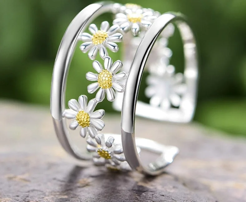 Elegant Little Daisy Flower Adjustable Rings for Women Real 925 Sterling Silver Luxury 18K Gold Jewelry Trend New