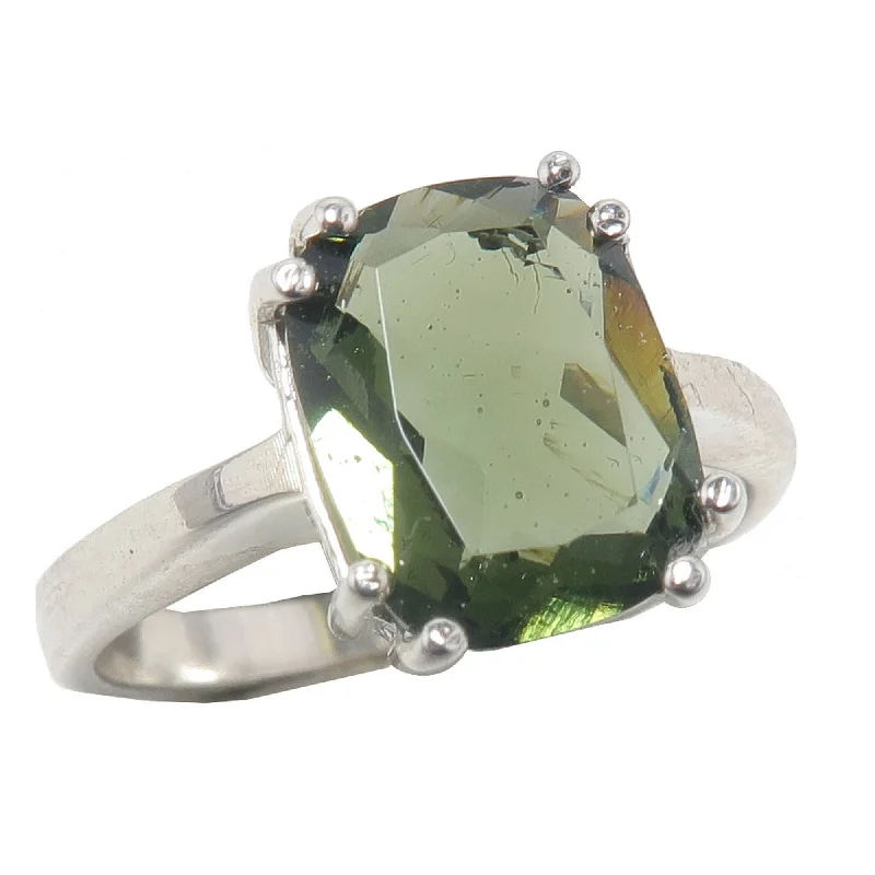 Moldavite Ring Big Green Stargazer Gem Sterling Silver