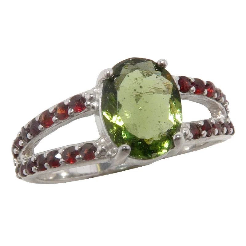 Moldavite Ring of Fire Red Garnet Gem Sterling Silver