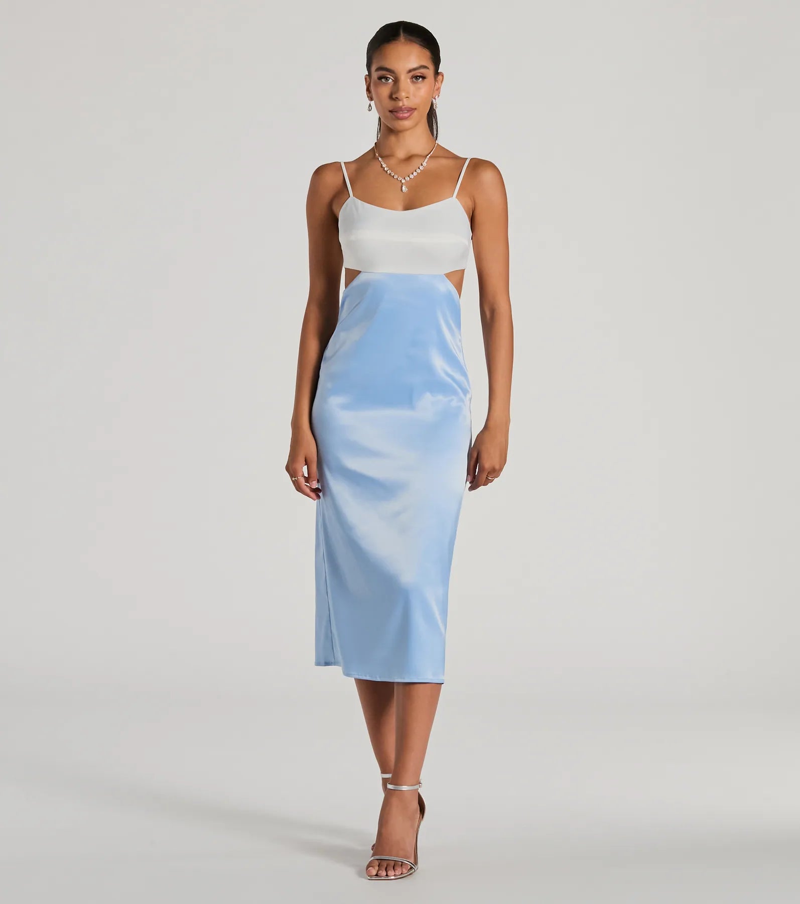 Perfect Pairing Tie Back Color Block Satin Midi Dress