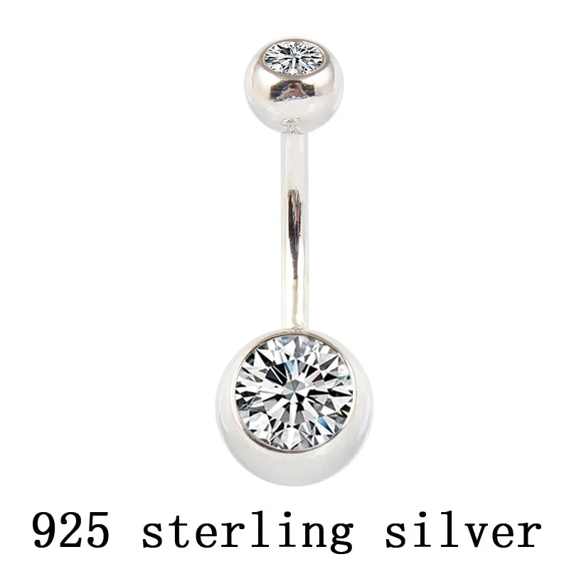 Real 925 sterling silver belly button ring clear double zircon stones body jewelry ball navel bar piercing jewelry