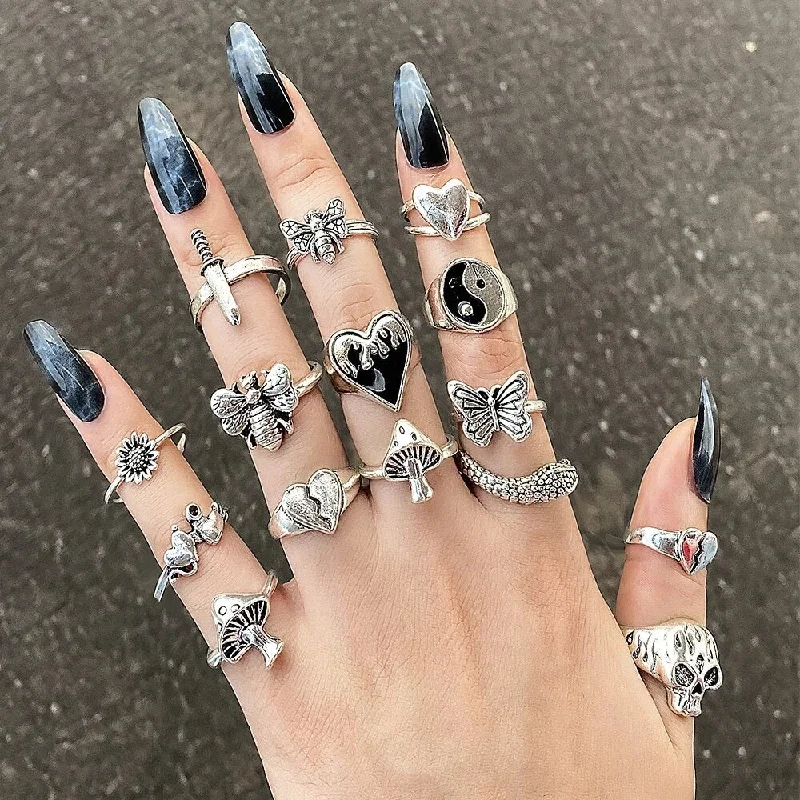 Retro Vintage Ring Set Gothic Style Alloy Rings Hiphop For Women Punk