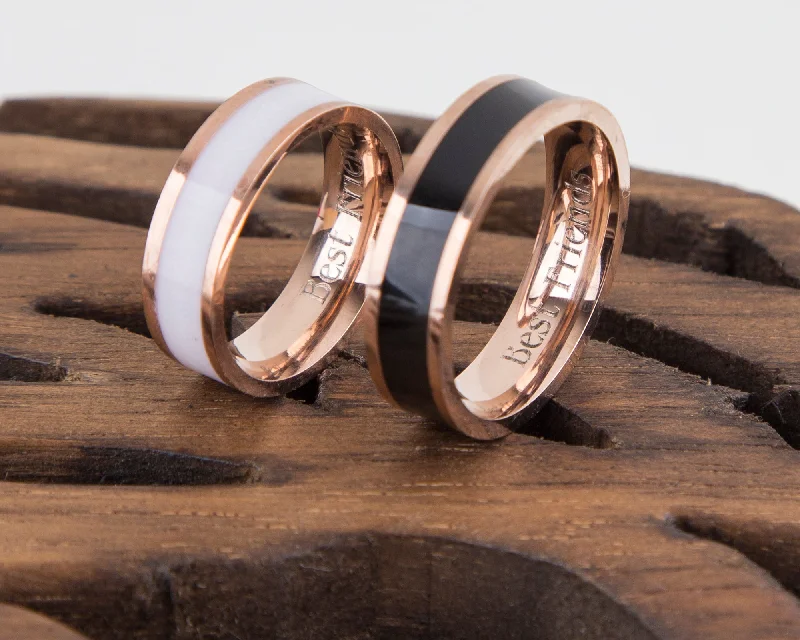 Rose Gold Couple Rings Black and White Personalized Couple Gift,