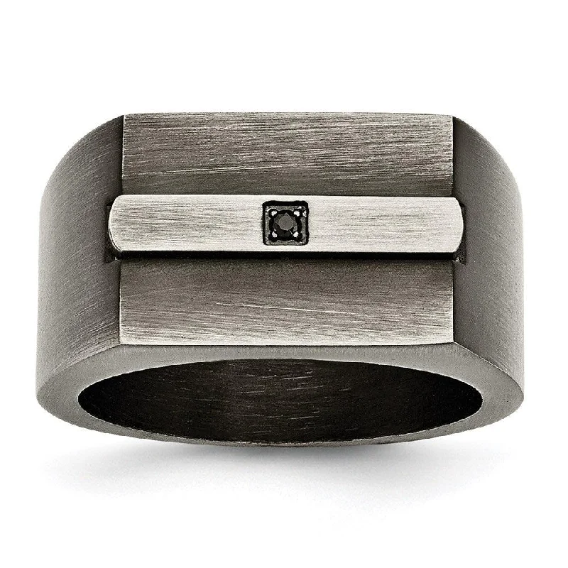 Stainless Steel Antiqued Brushed w/Black CZ Ring