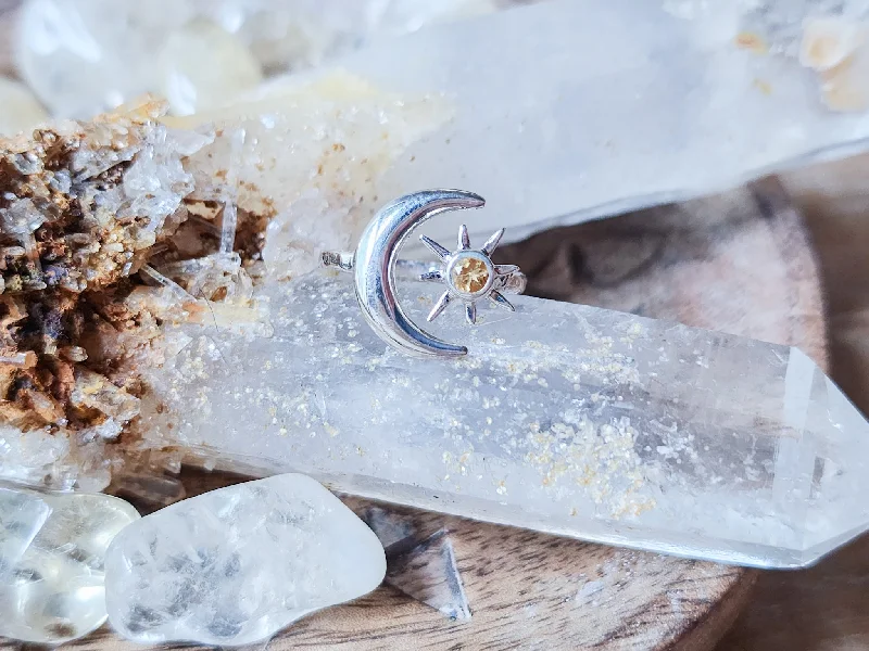 Sun & Crescent Moon Sterling Ring || Citrine