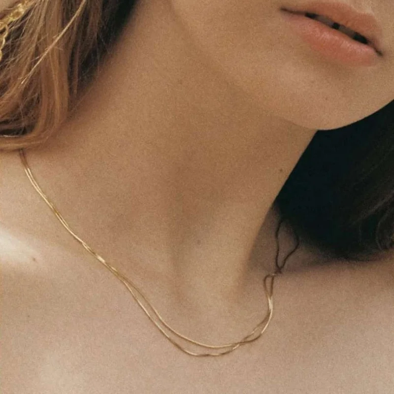 Herringbone Necklace In Gold | Bold Chain Necklace | Snake Chain Choker Necklace | 18K Gold Thin Snake Chain Necklace | Necklace For Women