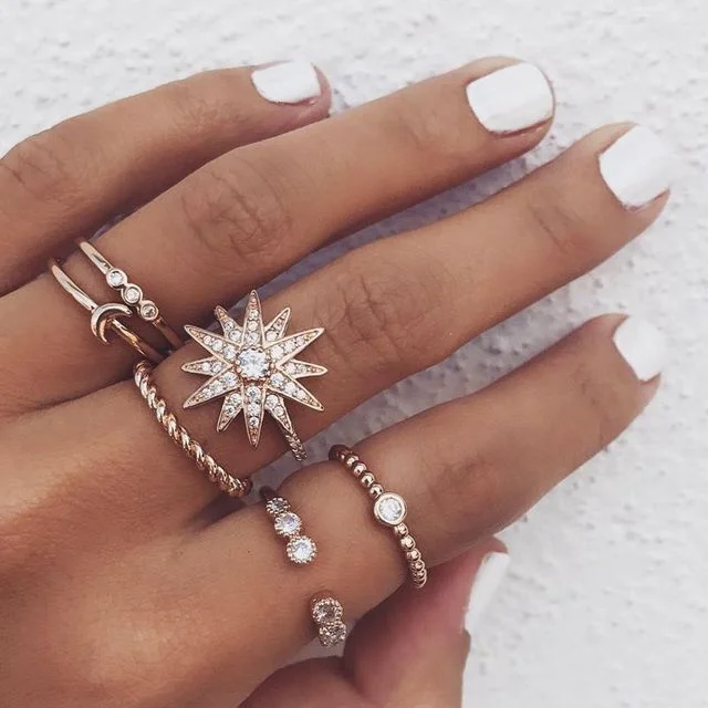 Vintage Boho Crystal Butterfly Rings Set For Women Zircon Leaves Stars Geometric Knuckle Finger Ring Wedding Party Jewelry Gifts