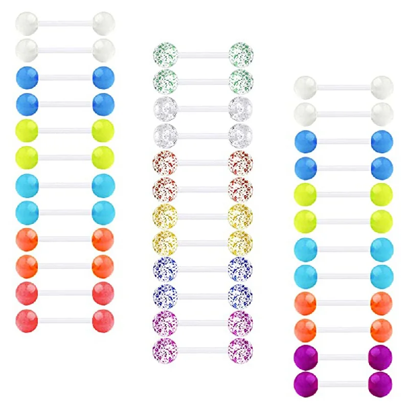 12PCS Plastic Nipple Tongue Ring Flexible Piercing Bar Retainer Work Surgery Glow In The Dark Ball Glitter Bioflex Barbell