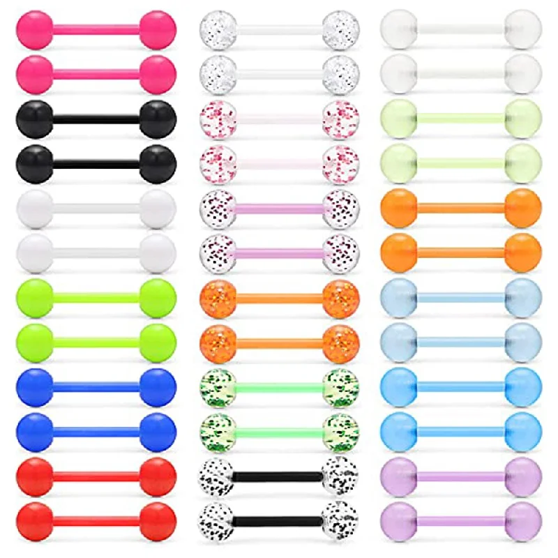 36Pcs 14G Glow in Dark Flexible Acrylic Straight Tongue Barbell Nipple Ring Retainer Piercing Jewelry for Women Men 16mm